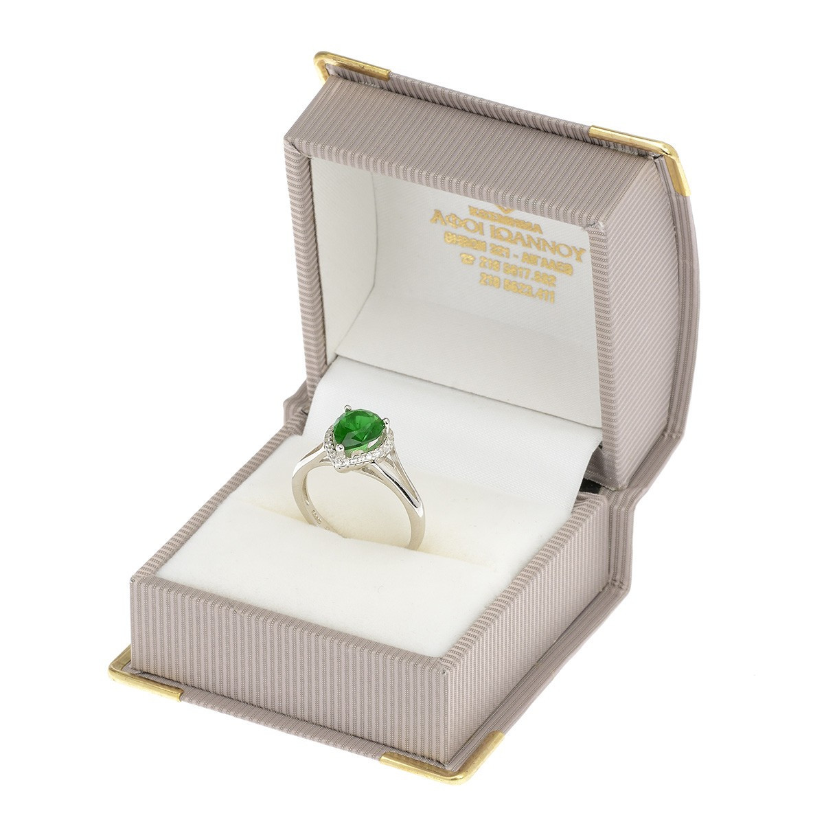 Ασημένιο 925' επιπλατινωμένο δαχτυλίδι διακοσμημένο με πράσινο Zιργκόν