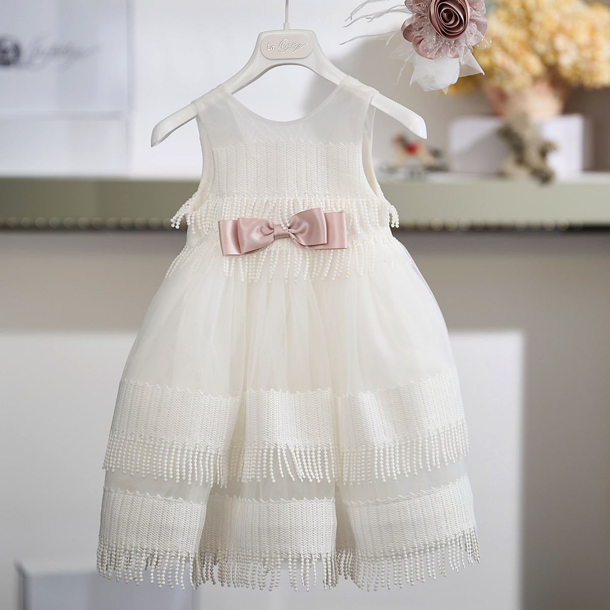 Βαπτιστικό Φόρεμα Κοριτσιού 26Κ740 Off White με Γεωμετρικά Μοτίβα & Σατέν Φιόγκο