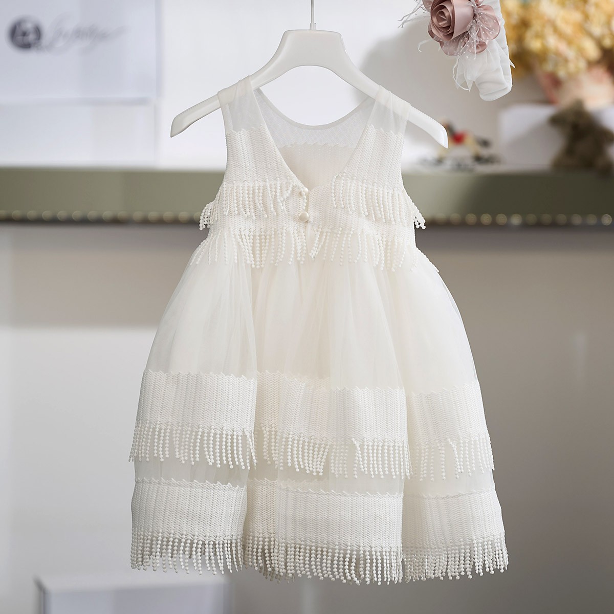 Βαπτιστικό Φόρεμα Κοριτσιού 26Κ740 Off White με Γεωμετρικά Μοτίβα & Σατέν Φιόγκο