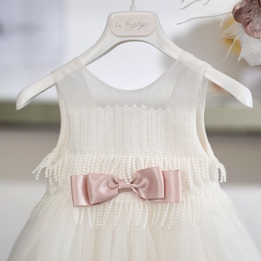 Βαπτιστικό Φόρεμα Κοριτσιού 26Κ740 Off White με Γεωμετρικά Μοτίβα & Σατέν Φιόγκο