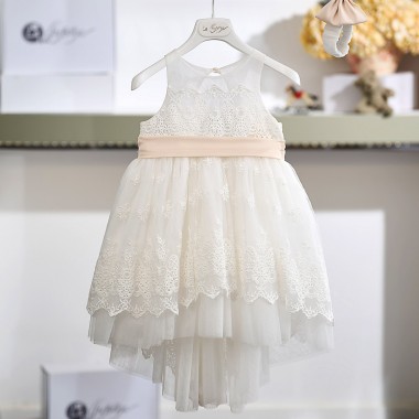 Βαπτιστικό Φόρεμα Κοριτσιού 26Κ744 Off White με Δαντέλα & Σατέν Ζώνη Nude