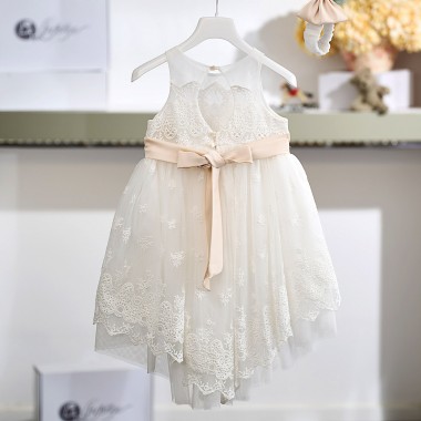 Βαπτιστικό Φόρεμα Κοριτσιού 26Κ744 Off White με Δαντέλα & Σατέν Ζώνη Nude