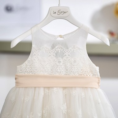 Βαπτιστικό Φόρεμα Κοριτσιού 26Κ744 Off White με Δαντέλα & Σατέν Ζώνη Nude