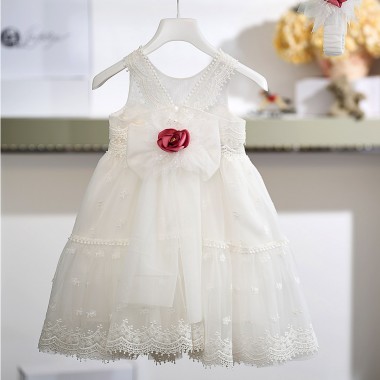 Βαπτιστικό Φόρεμα Κοριτσιού 26Κ748 Off White με Δαντέλα & Λουλούδι Φούξια