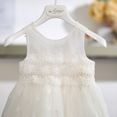 Βαπτιστικό Φόρεμα Κοριτσιού 26Κ748 Off White με Δαντέλα & Λουλούδι Φούξια