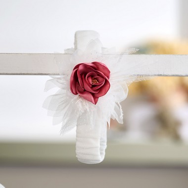 Βαπτιστικό Φόρεμα Κοριτσιού 26Κ748 Off White με Δαντέλα & Λουλούδι Φούξια