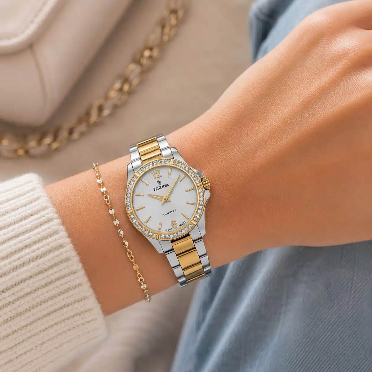 Festina Mademoiselle Crystals Ρολόι Μπαταρίας με Δίχρωμο Μπρασελέ Κωδ: F20594/1